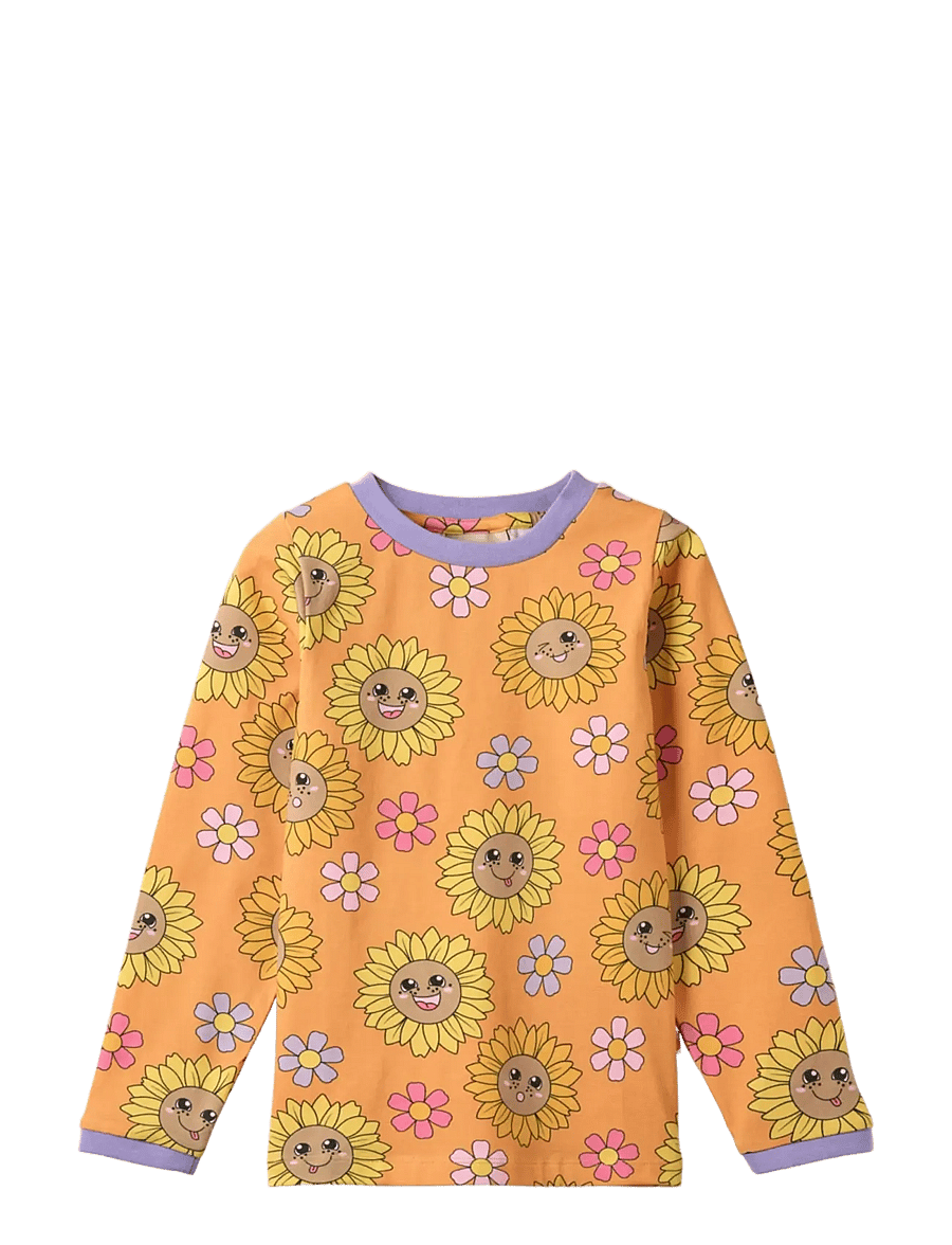 Småfolk - Elstar long-sleeved top with sunflowers - långärmade t-shirts - tangerine - 1