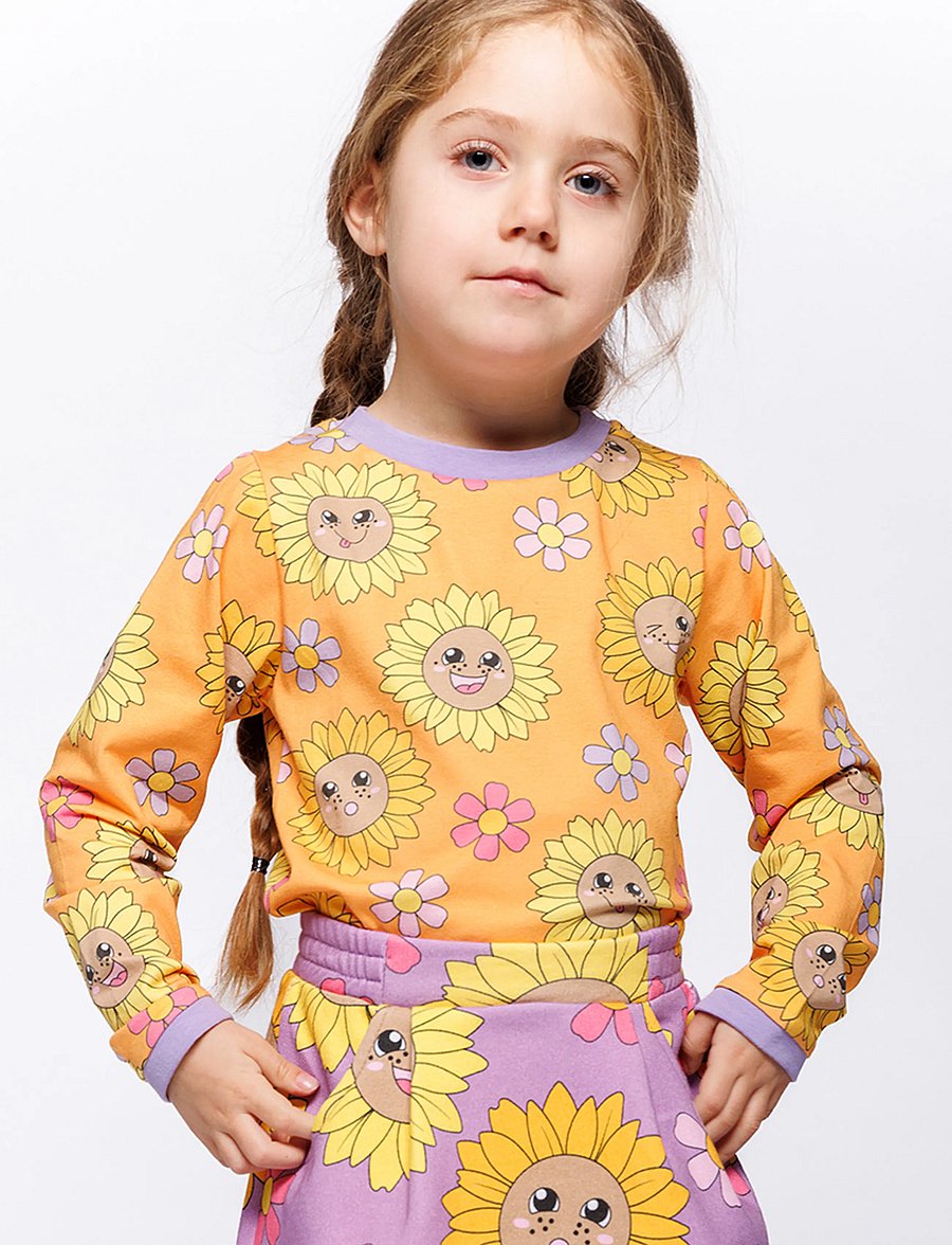 Småfolk - Elstar long-sleeved top with sunflowers - långärmade t-shirts - tangerine - 0