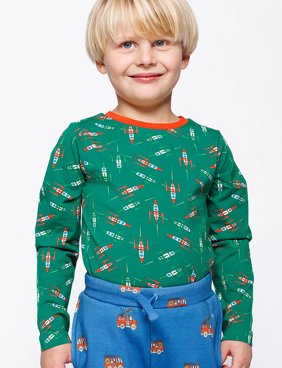 Småfolk - Gala long-sleeved top with rockets - långärmade t-shirts - broccoli - 0