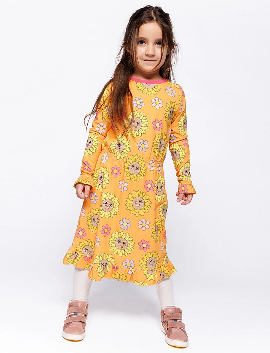 Småfolk - Dabinett dress with sunflowers - långärmade babyklänningar - tangerine - 0