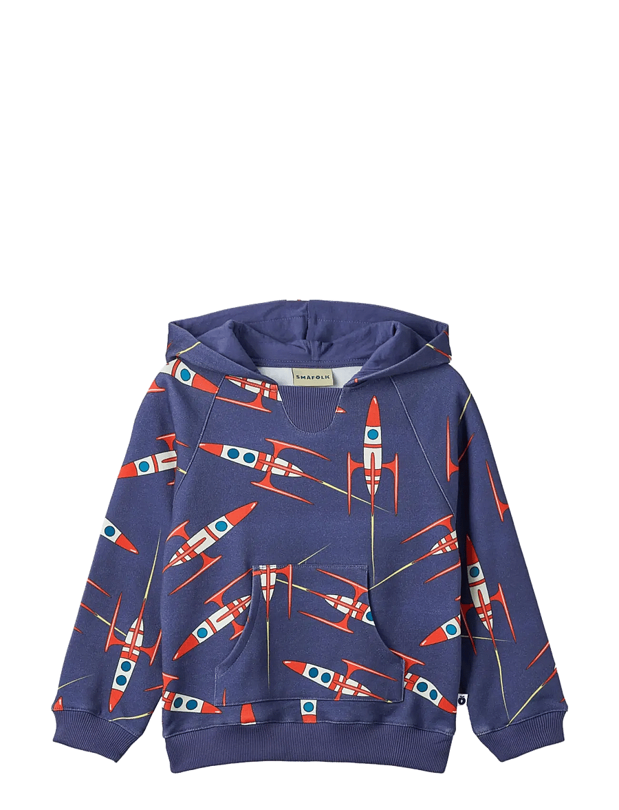 Småfolk - Macoun hoodie with spaceships - huvtröjor - blue heart - 1