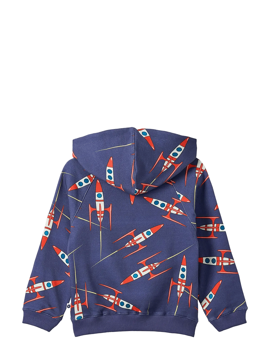 Småfolk - Macoun hoodie with spaceships - huvtröjor - blue heart - 2