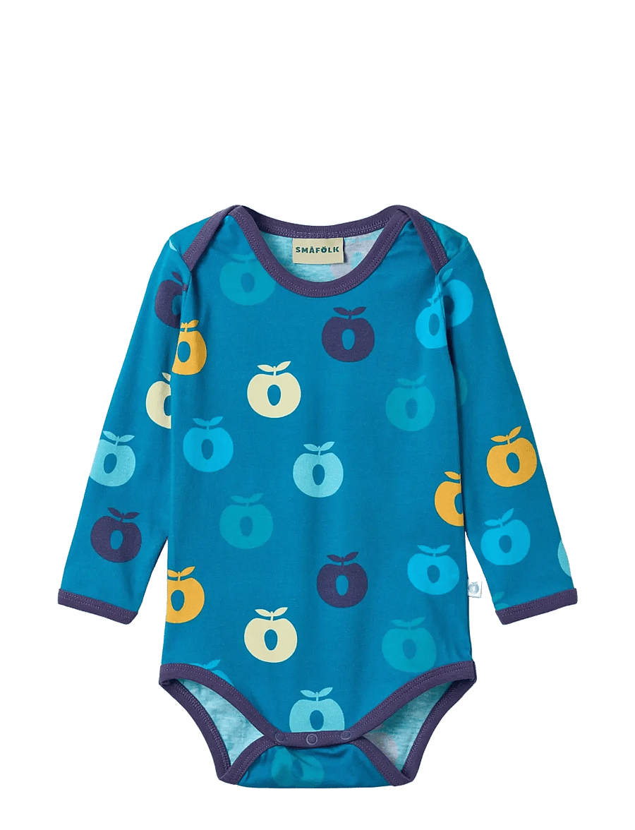 Småfolk - Ulm long-sleeved baby body with apples - långärmade bodies - solid blue - 1