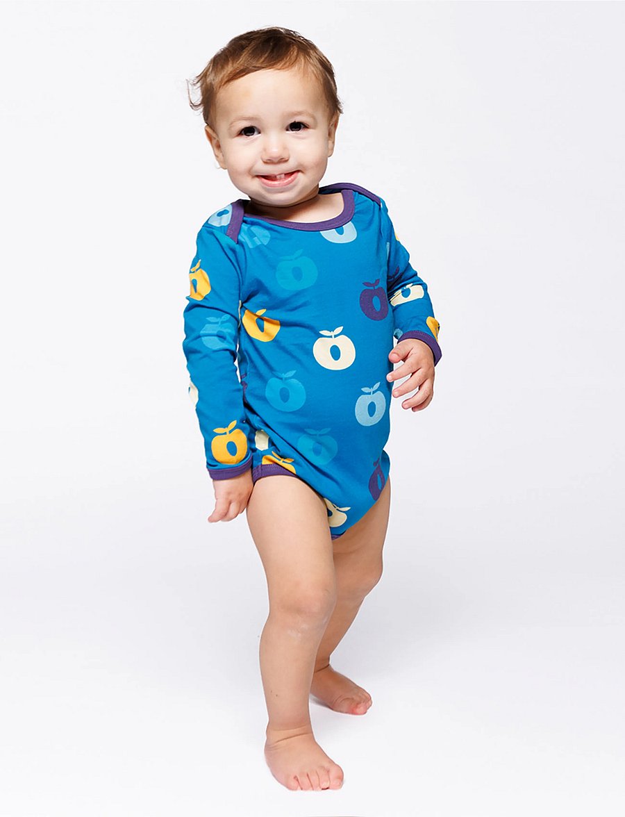 Småfolk - Ulm long-sleeved baby body with apples - långärmade bodies - solid blue - 0