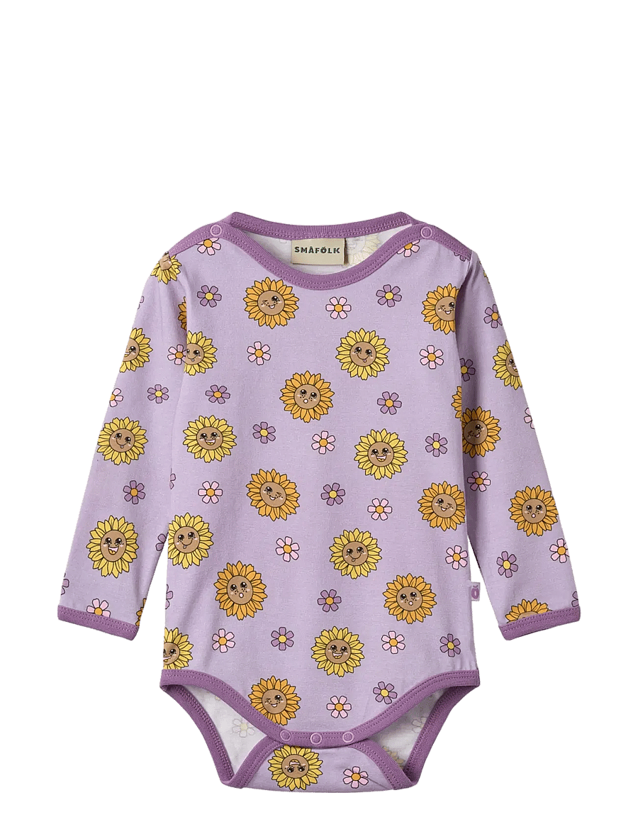Småfolk - Elstar long-sleeved baby body with sunflowers - långärmade bodies - heather purple - 1