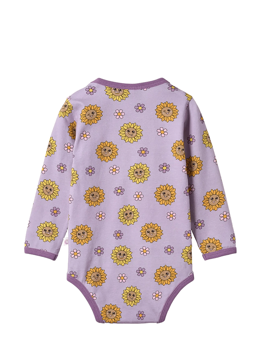 Småfolk - Elstar long-sleeved baby body with sunflowers - långärmade bodies - heather purple - 2