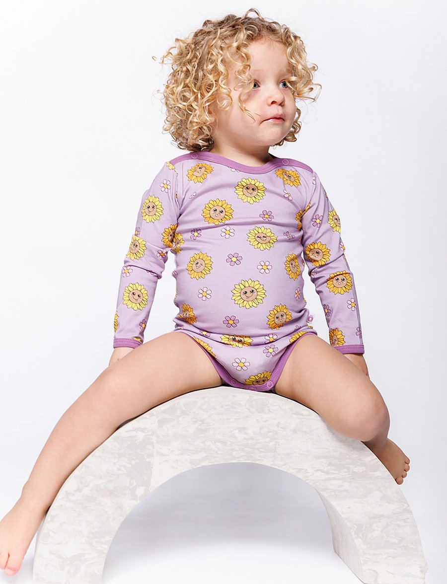 Småfolk - Elstar long-sleeved baby body with sunflowers - långärmade bodies - heather purple - 0