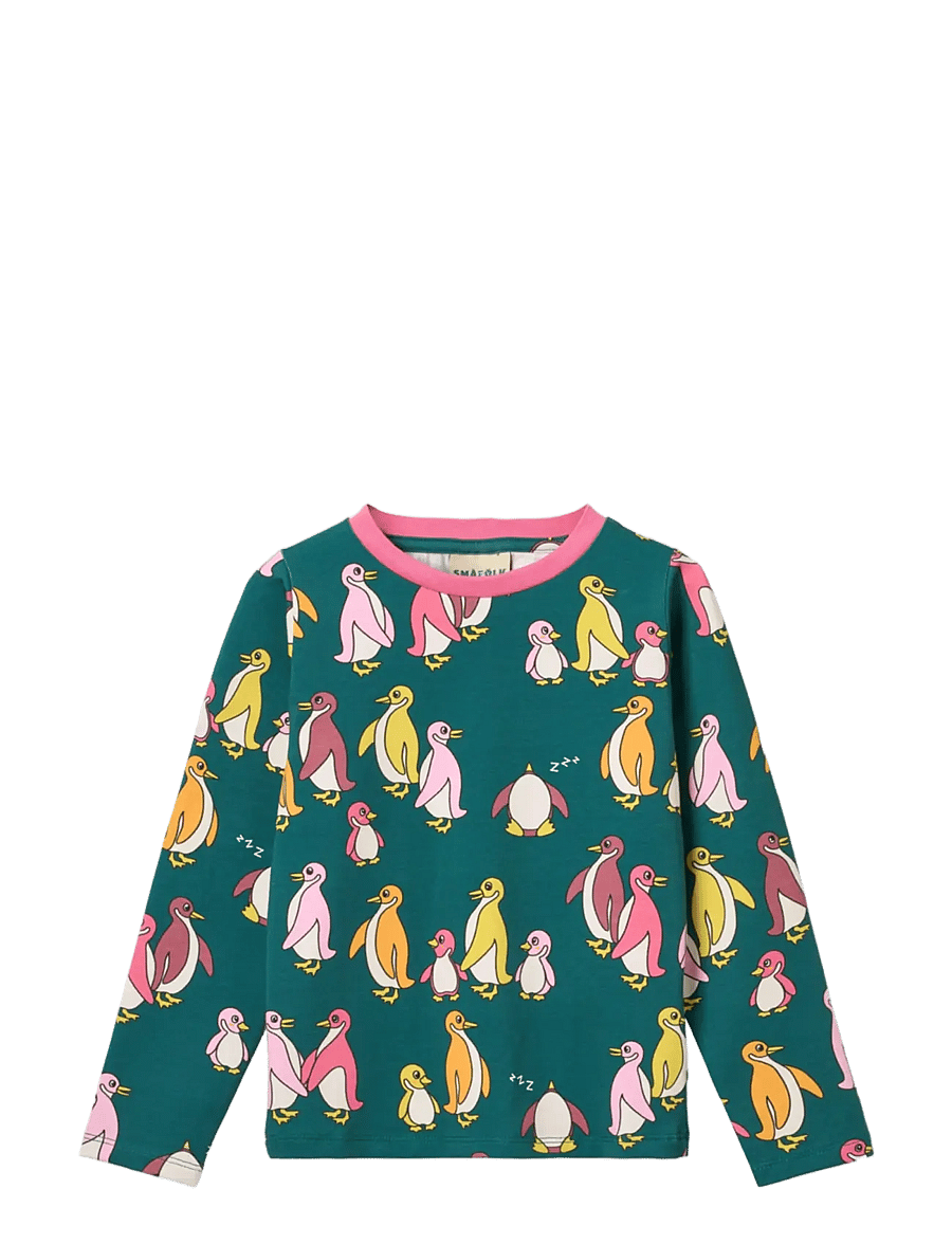 Småfolk - Gala long-sleeved blouse with penguins - långärmade t-shirts - peacock blue - 1
