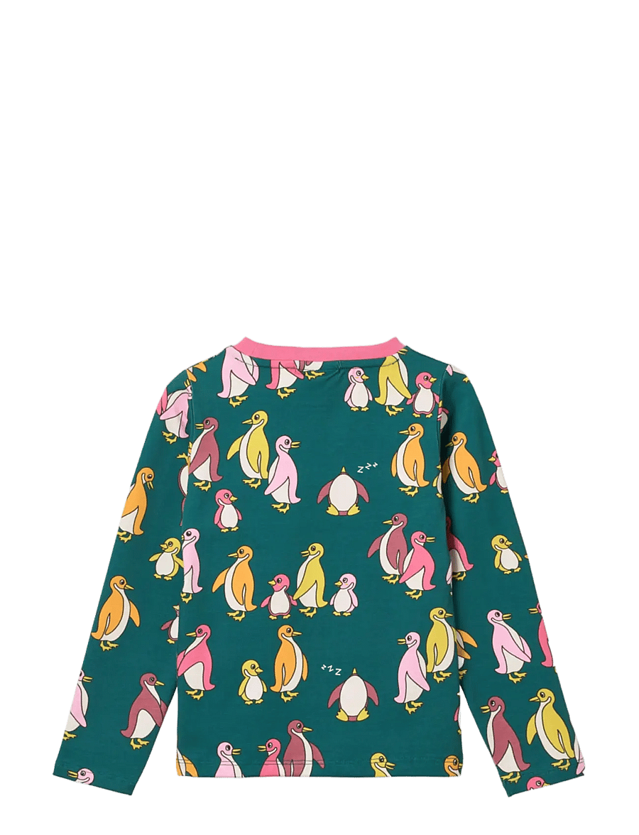 Småfolk - Gala long-sleeved blouse with penguins - långärmade t-shirts - peacock blue - 2