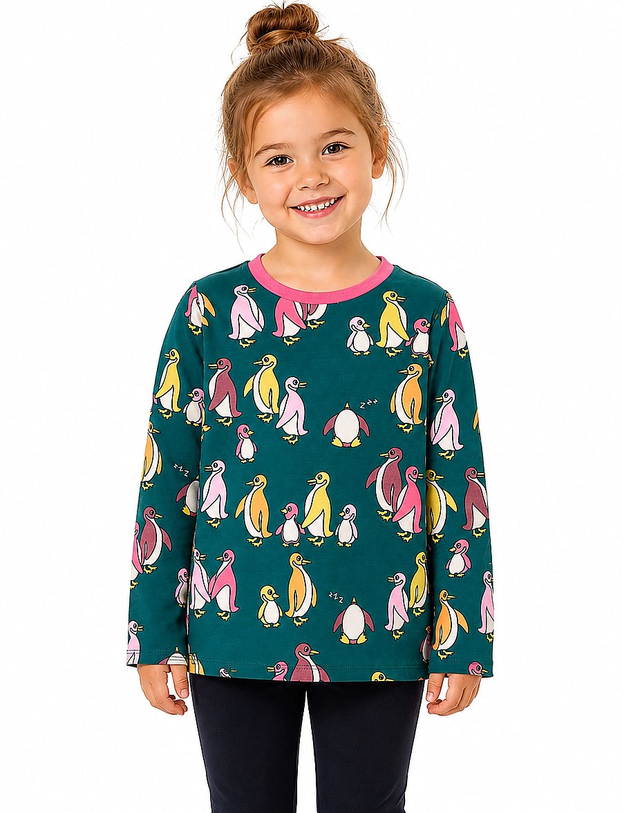 Småfolk - Gala long-sleeved blouse with penguins - långärmade t-shirts - peacock blue - 0