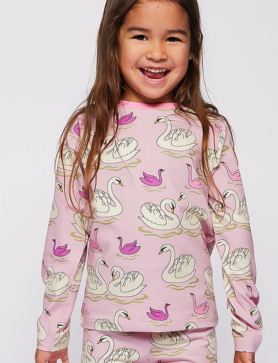 Småfolk - Gala long-sleeved top with swans - långärmade t-shirts - blush cream - 0