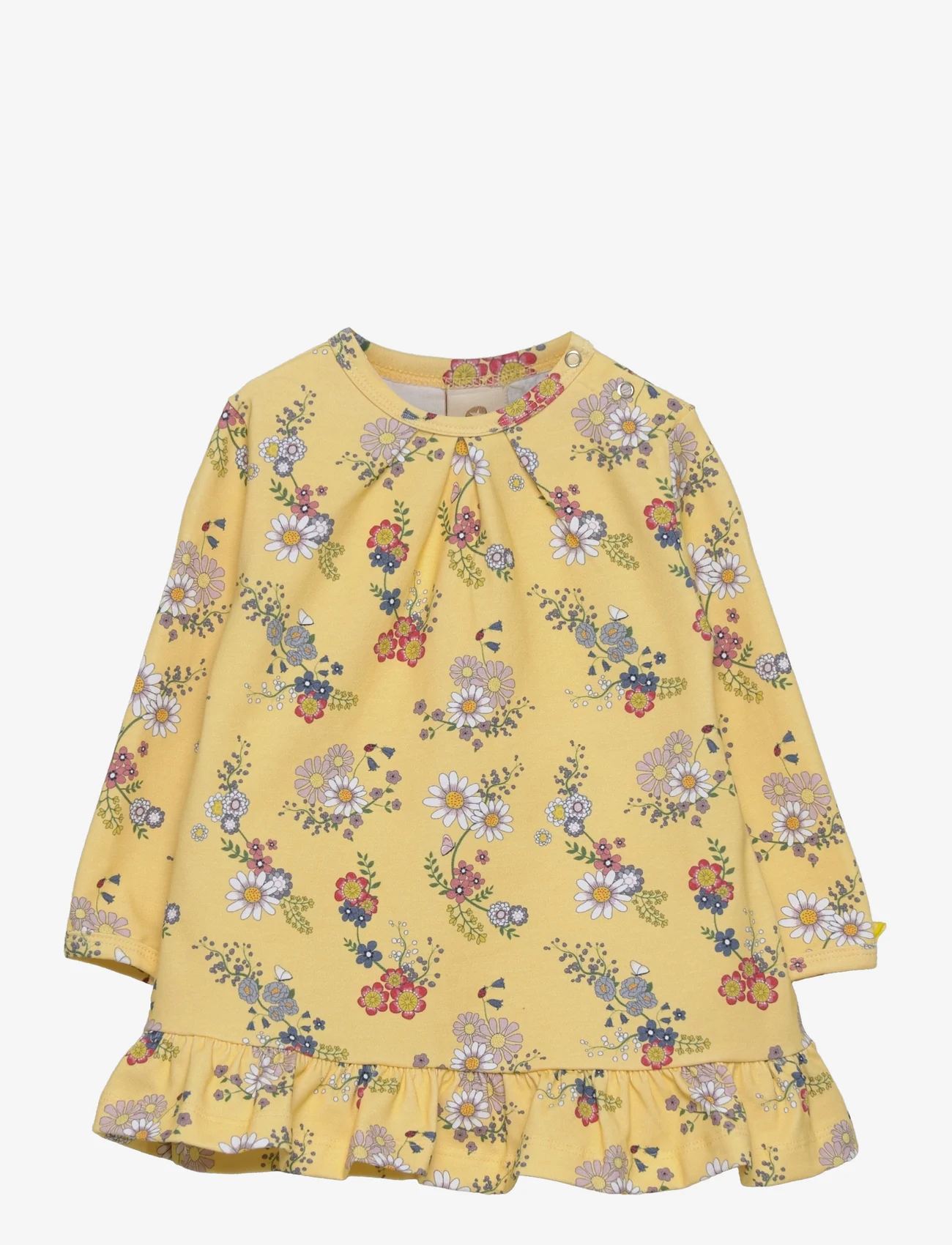 Smallstuff - Dress LS w. frills, flower garden, soft yellow - long-sleeved baby dresses - yellow - 0