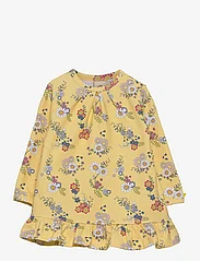 Smallstuff - Dress LS w. frills, flower garden, soft yellow - långärmade babyklänningar - yellow - 0