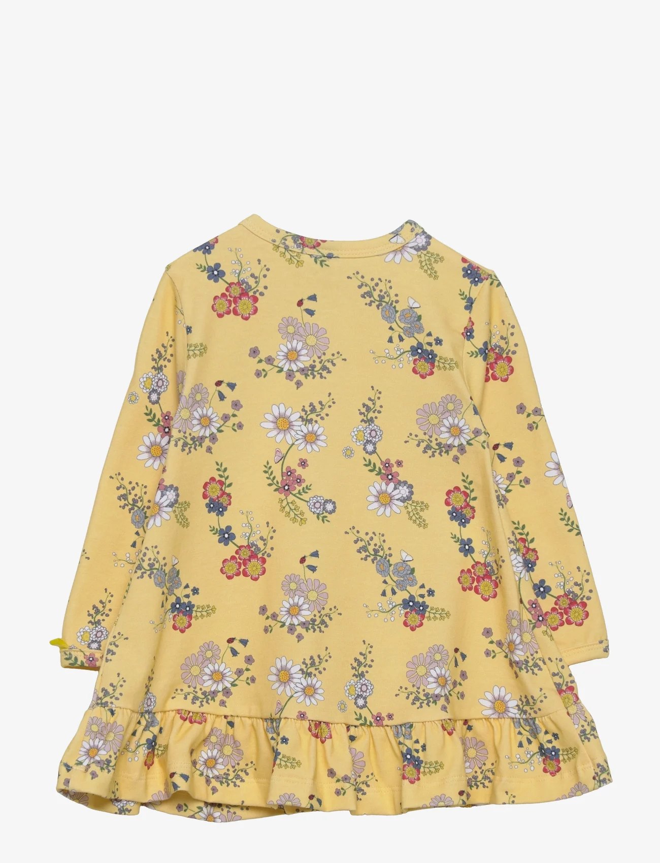 Smallstuff - Dress LS w. frills, flower garden, soft yellow - long-sleeved baby dresses - yellow - 1
