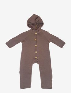 Jumpsuit merino wool w. buttons and hoodie, rose brown, Smallstuff