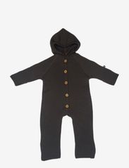 Jumpsuit merino wool w. buttons and hoodie, brown - BROWN