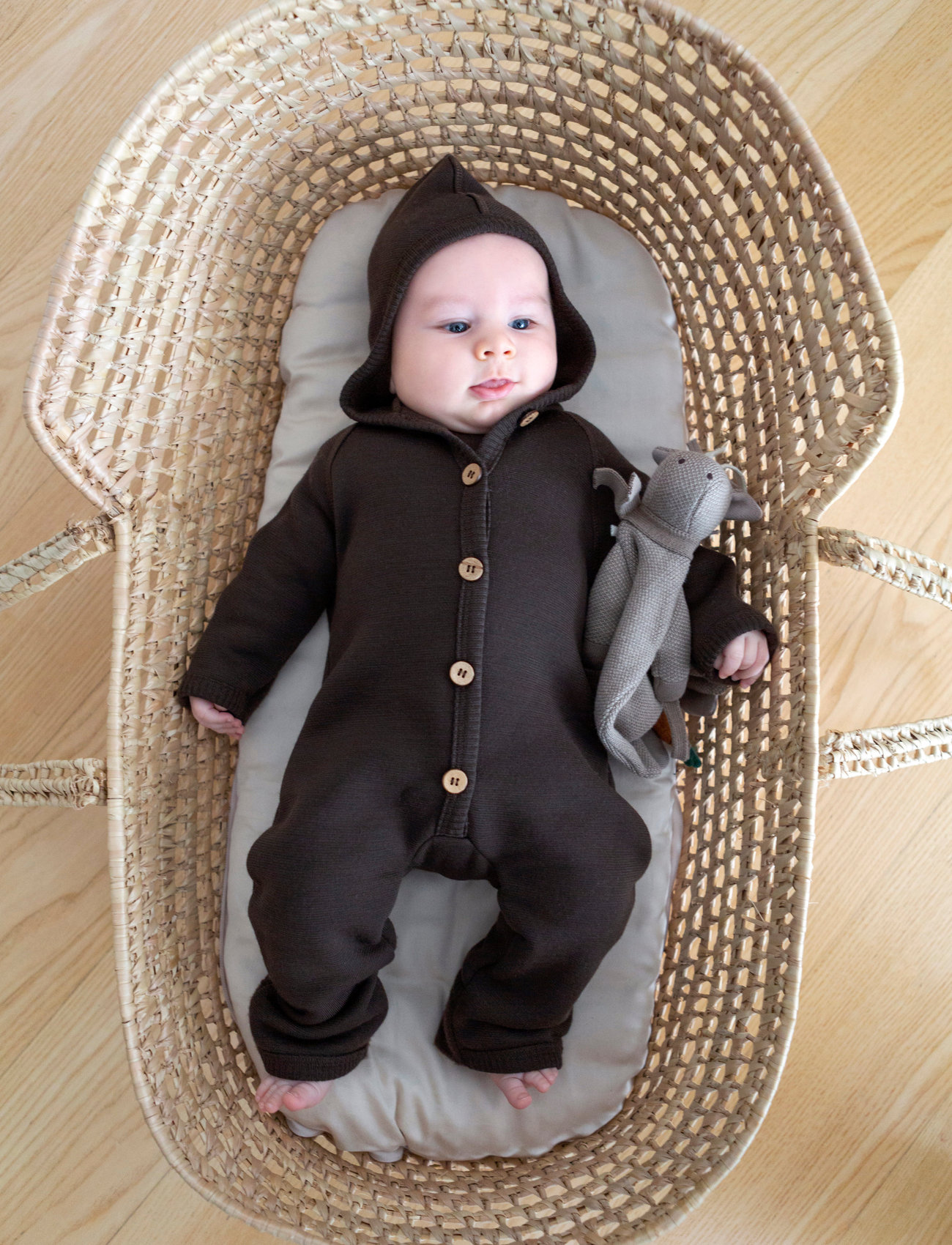 Smallstuff - Jumpsuit merino wool w. buttons and hoodie, brown - jumpsuits - brown - 1