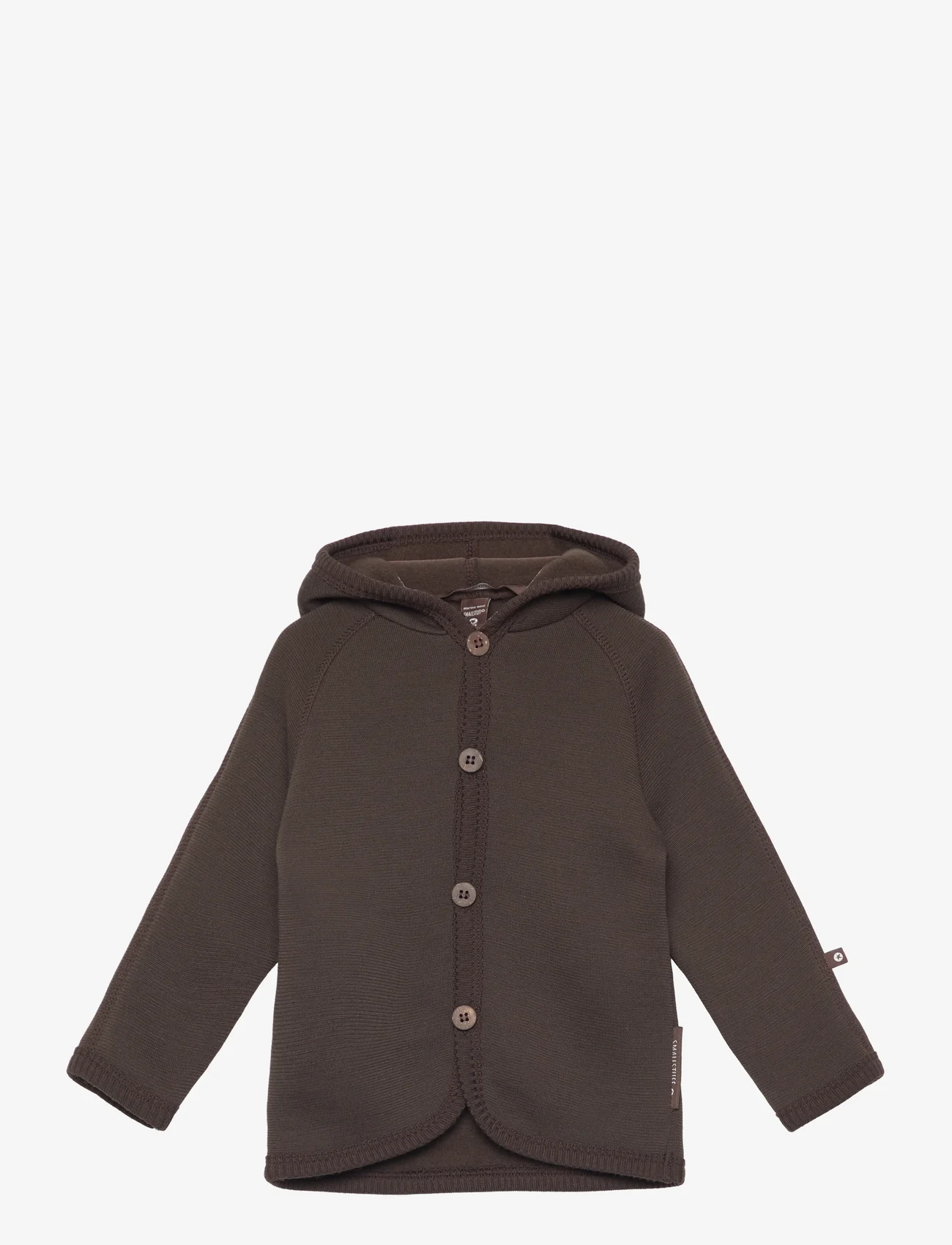 Smallstuff - Cardigan merino wool w. buttons and hoodie, brown - cardigans - brown - 0