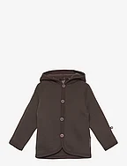 Cardigan merino wool w. buttons and hoodie, brown - BROWN