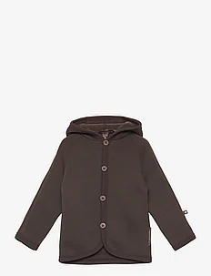 Cardigan merino wool w. buttons and hoodie, brown, Smallstuff