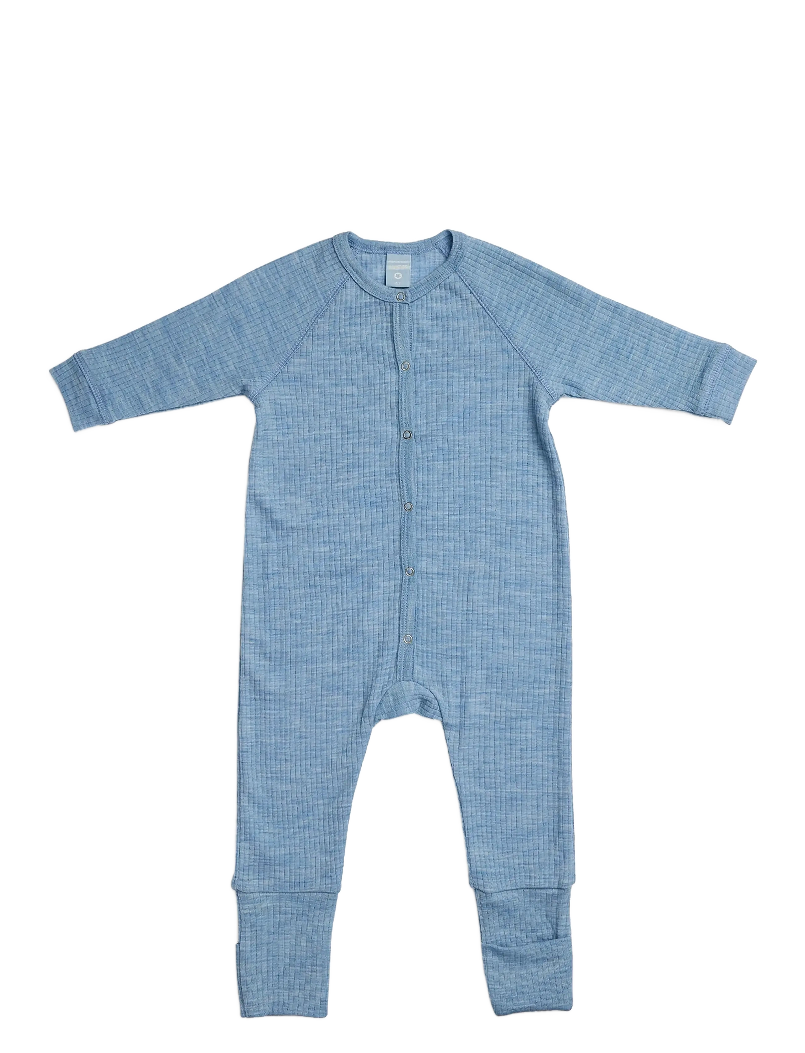 Smallstuff Night Suit, Light Blue Melange Drop Needle, Merino Wool, 80, Pyjamas, Blau - Pyjamas Onesie, Kinder