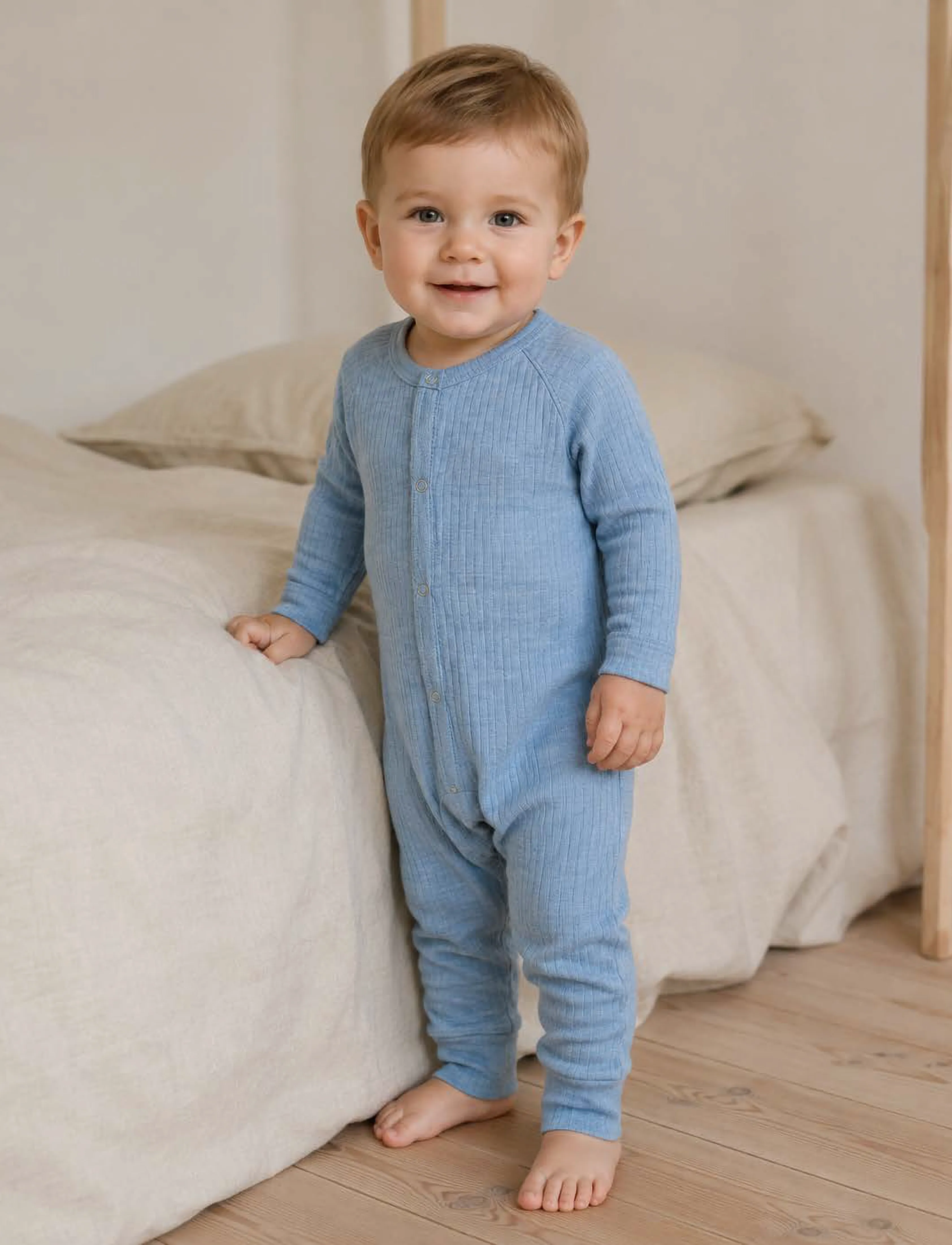 Smallstuff Night Suit, Light Blue Melange Drop Needle, Merino Wool, 80, Pyjamas, Blau - Pyjamas Onesie, Kinder