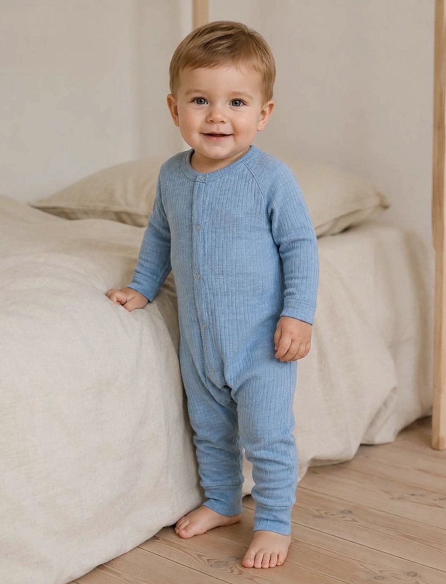 Smallstuff - Night suit, light blue melange drop needle, merino wool - pidžaama-kombinesoonid - light blue - 0
