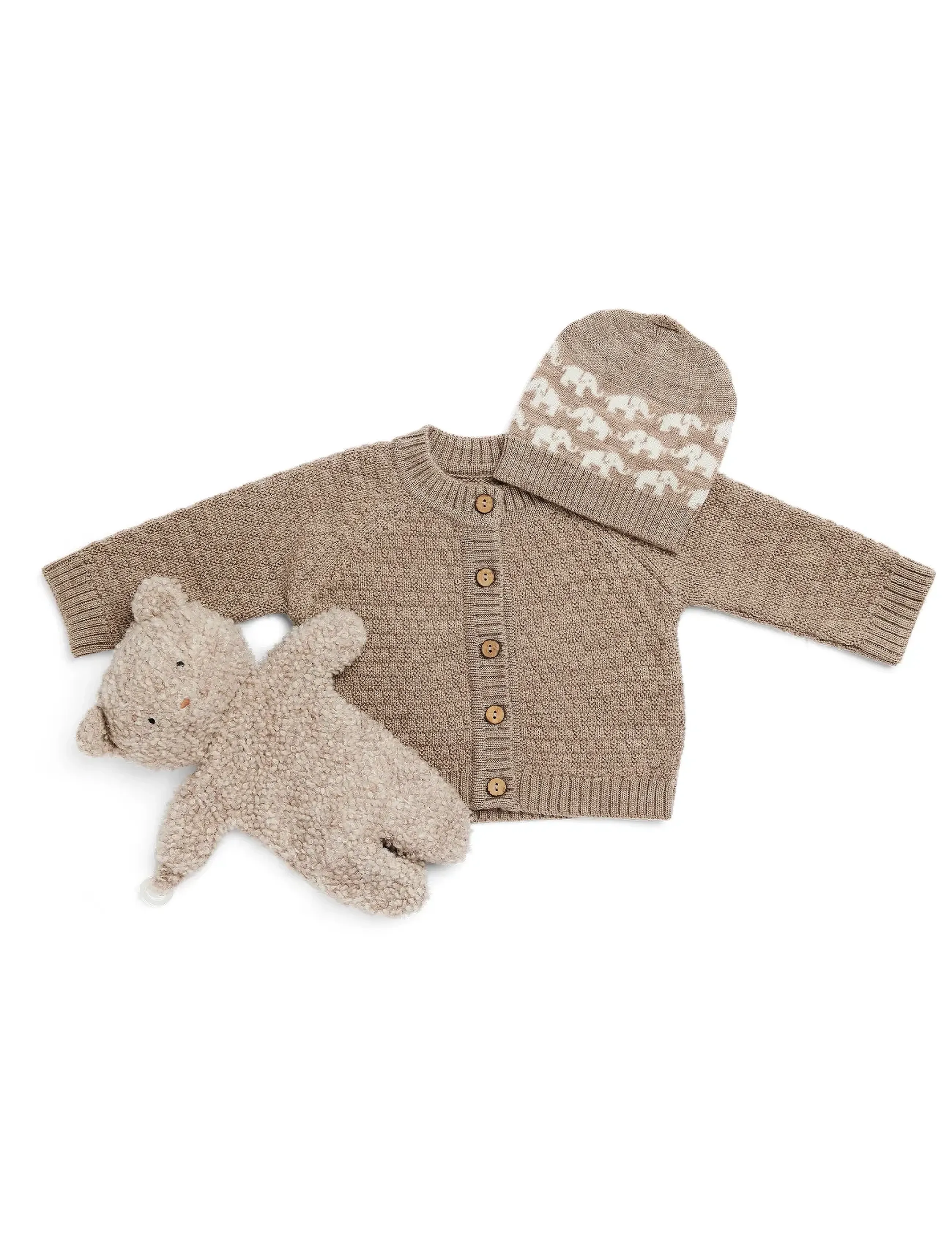 Smallstuff Cardigan, Ao Elephants, Merino Wool, Brown, 56/62, Beige, Strik > Cardigans, Børn