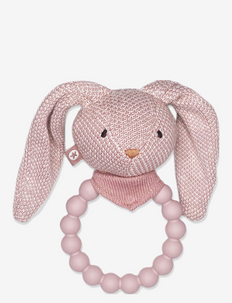 Rattle, silicone ring w. knitted bunny, soft powder, Smallstuff