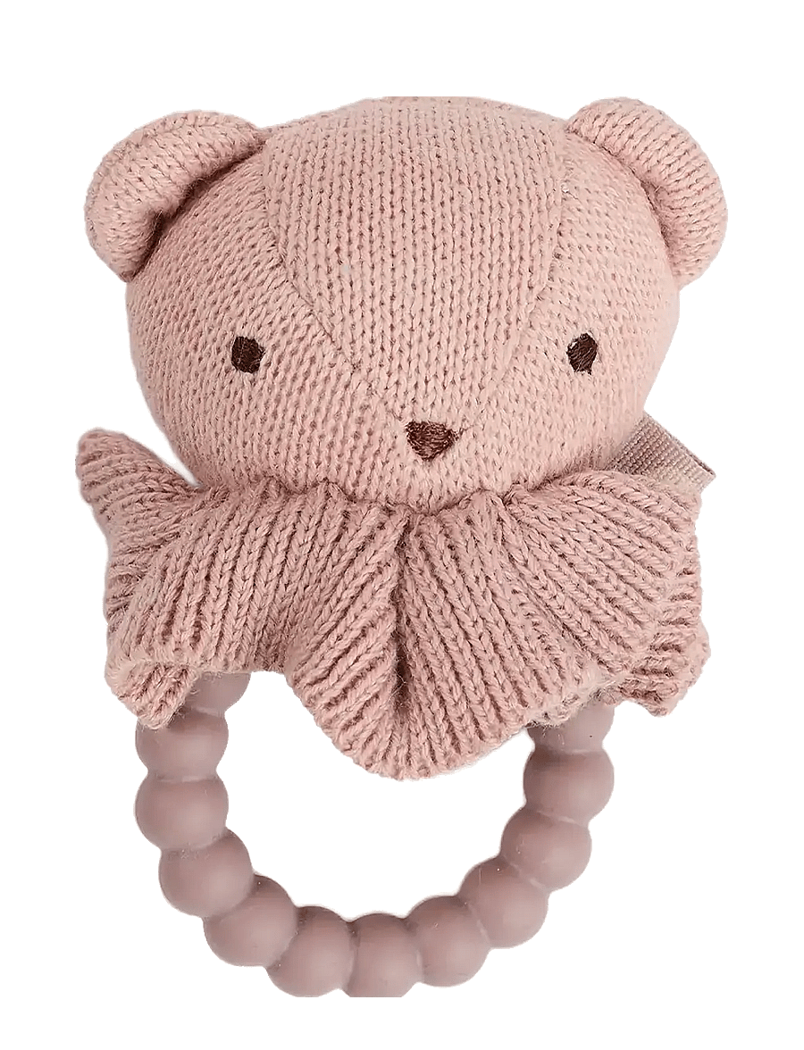 Smallstuff - Rattle, bear face on silicone ring, soft rose - rangler - soft rose - 0