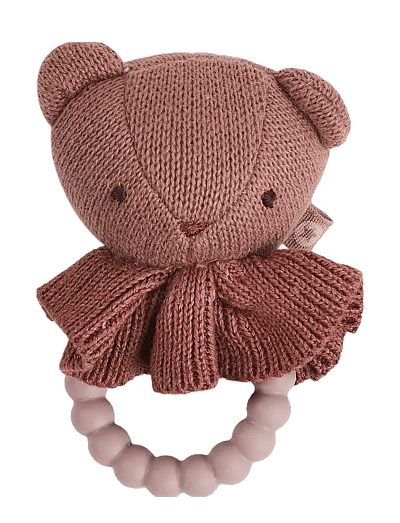 Smallstuff Rattle, bear face on silicone ring, dark rose - Rasseln - DARK ROSE / pink/rose
