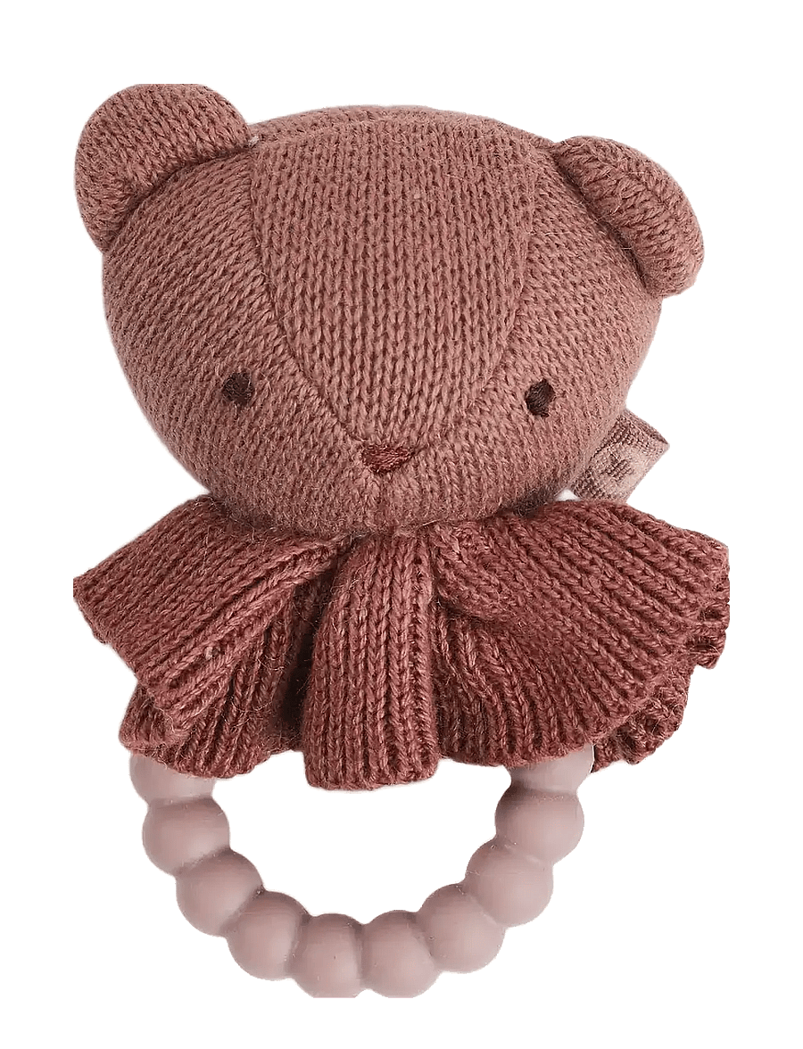 Smallstuff - Rattle, bear face on silicone ring, dark rose - rangler - dark rose - 0
