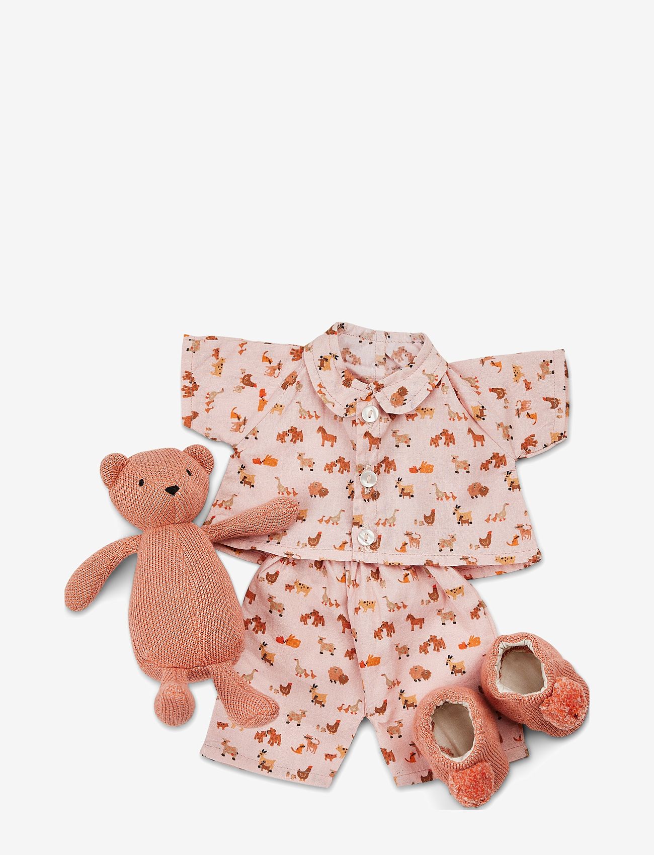 Smallstuff - Doll clothing, farm living pyjamas w. slippers/ teddy - rose - 0