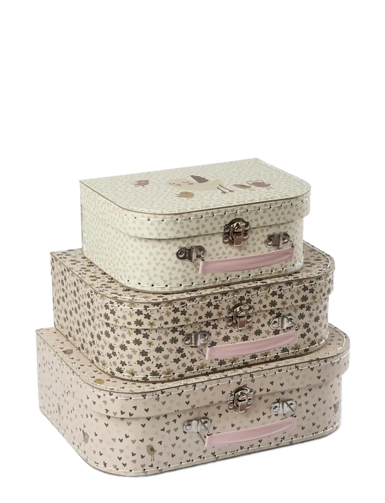 Smallstuff Suitcase Set L, M, S, Hearts, Birds And Flowers, 29.2X19X9.5AND 25.2X17.7X8.5AND 20X14.5X8 cm, Baby Pram & Travel, Beige - Travel Accessori