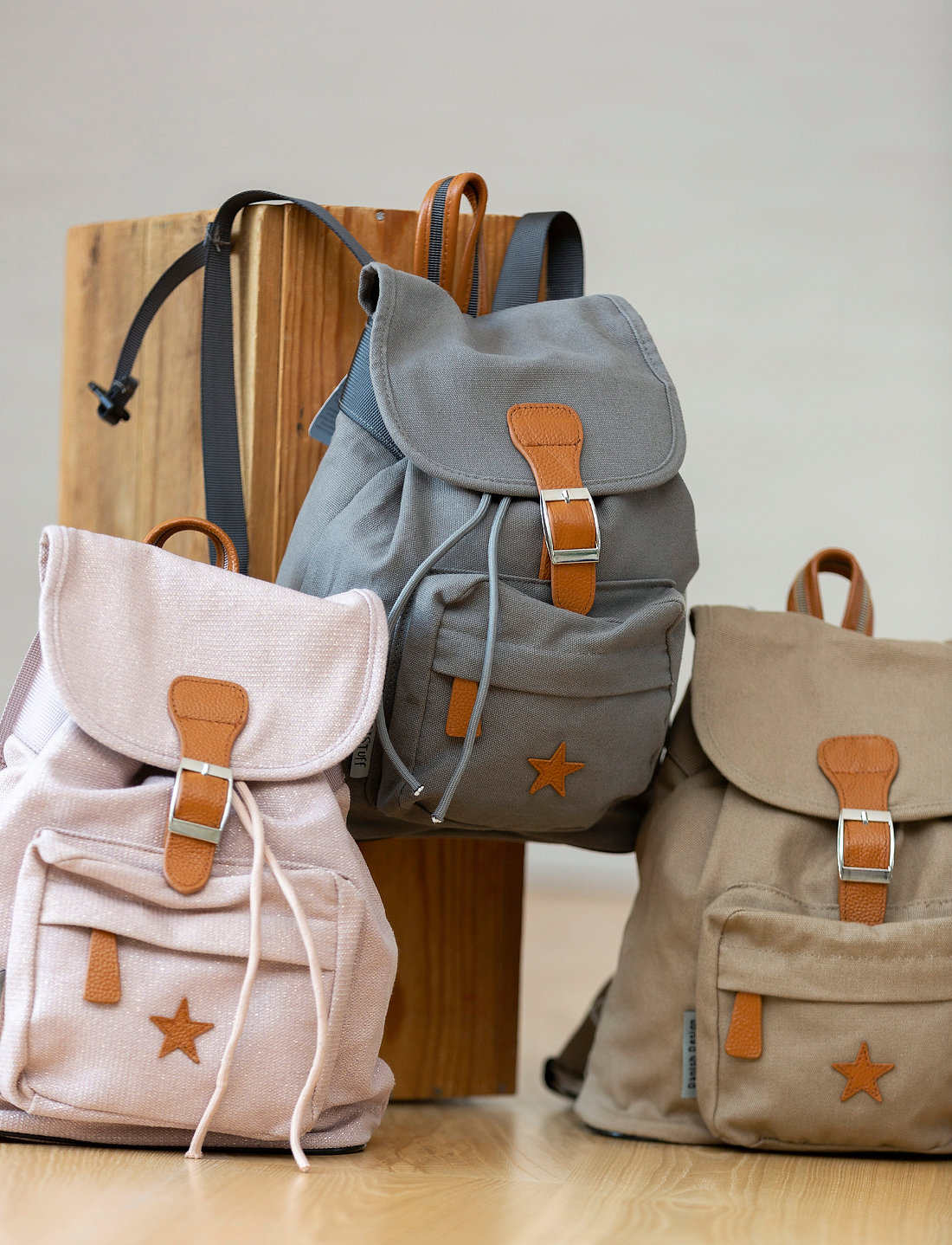 Smallstuff Baggy Back Pack Grey With Leather Star Backpacks