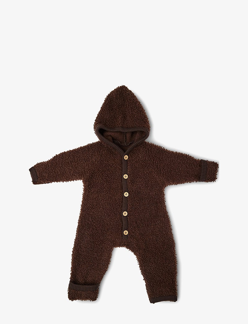 Smallstuff - Jumpsuit bouclé merino wool w. buttons and hoodie - fleece overalls - brown - 1