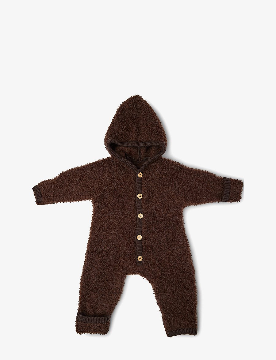Smallstuff - Jumpsuit bouclé merino wool w. buttons and hoodie - fliiskombinesoonid - brown - 1
