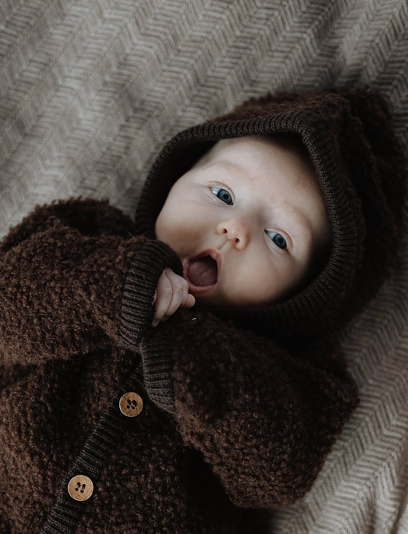 Smallstuff - Jumpsuit bouclé merino wool w. buttons and hoodie - fleece overalls - brown - 0