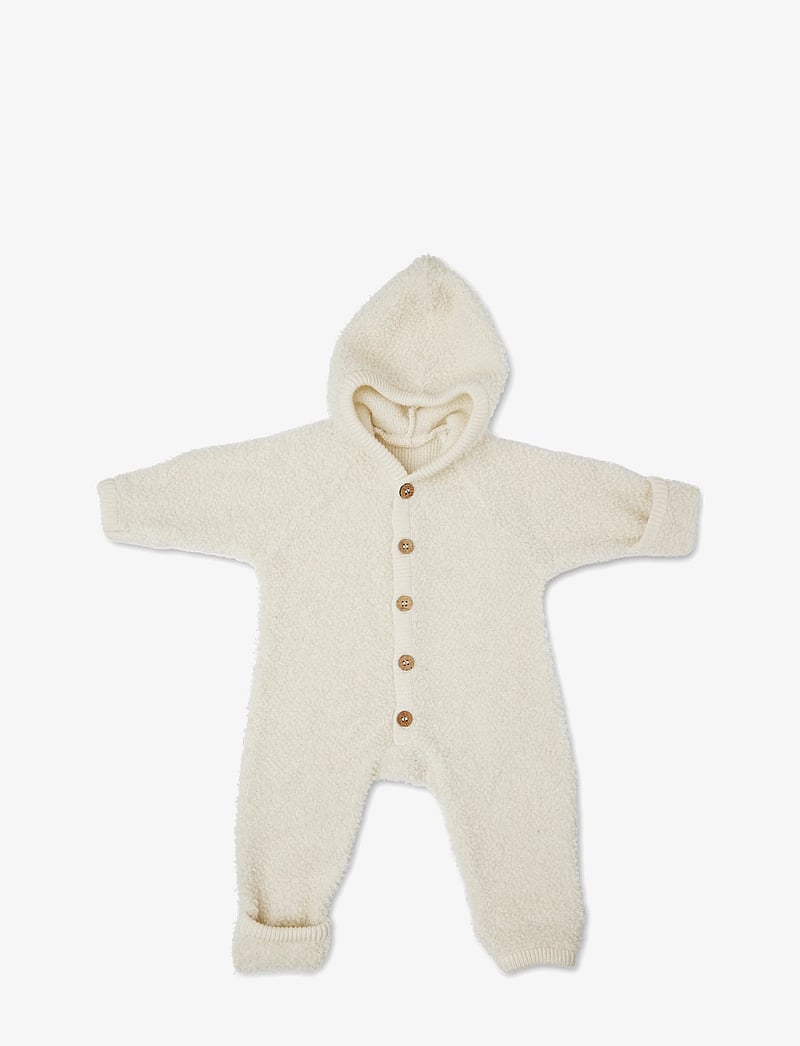 Smallstuff - Jumpsuit bouclé merino wool w. buttons and hoodie - fleece overalls - off. white - 1