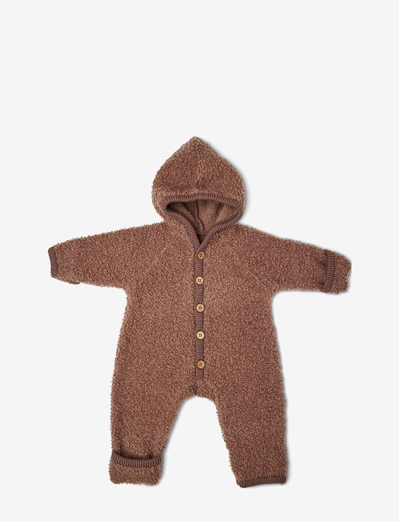 Smallstuff - Jumpsuit bouclé merino wool w. buttons and hoodie - fleece overalls - rose brown - 1