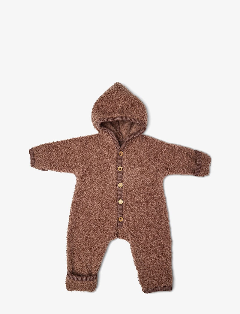 Smallstuff - Jumpsuit bouclé merino wool w. buttons and hoodie - fleece overalls - rose brown - 1