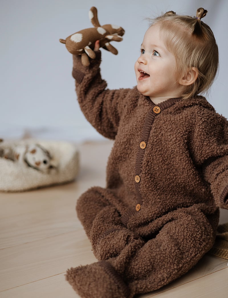 Smallstuff - Jumpsuit bouclé merino wool w. buttons and hoodie - fleece overalls - rose brown - 3