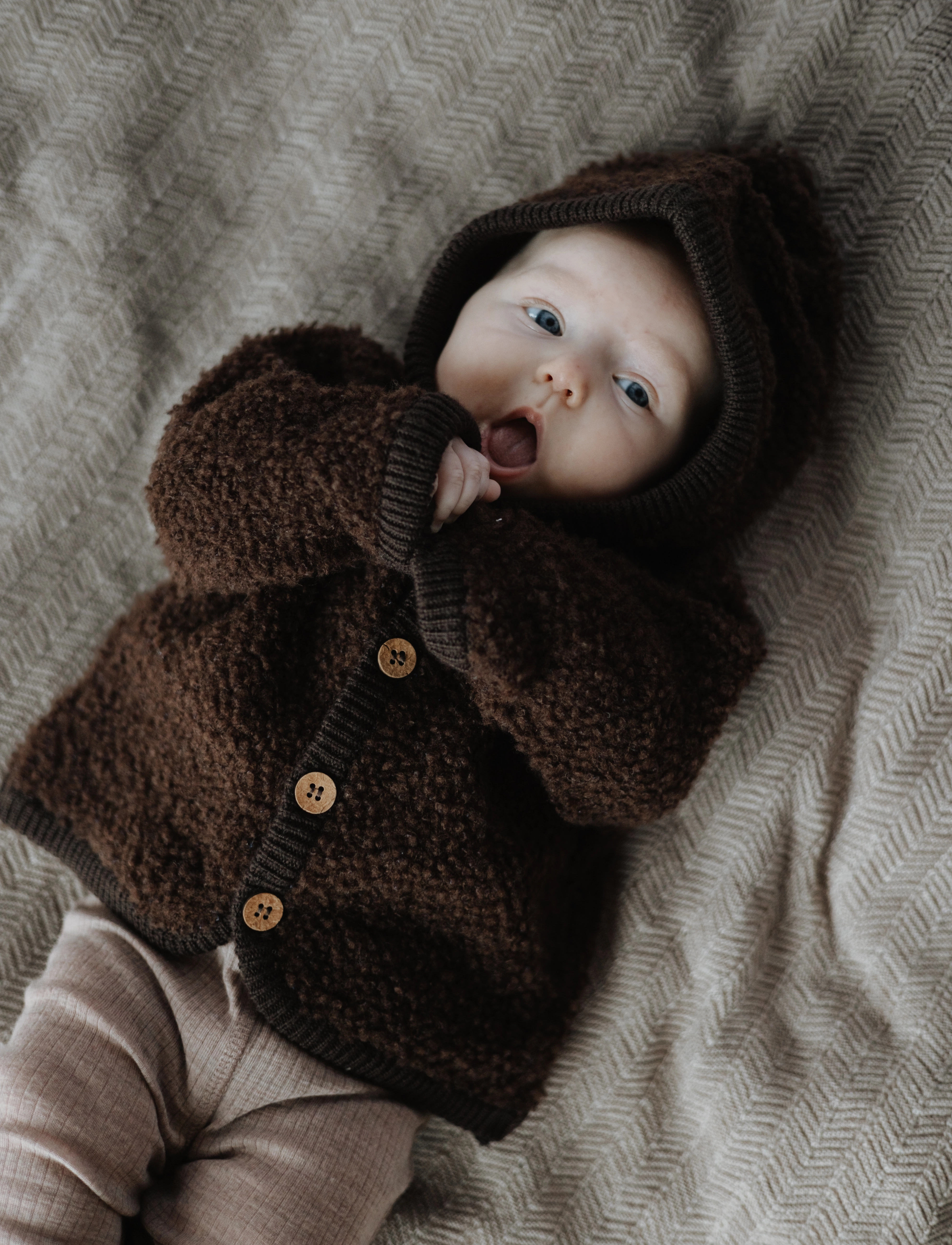 Smallstuff Cardigan Bouclé Merino Wool W. Buttons And Hoodie, 56-62, Brown, Yderbeklædning Af Fleece > Fleecejakker, Børn