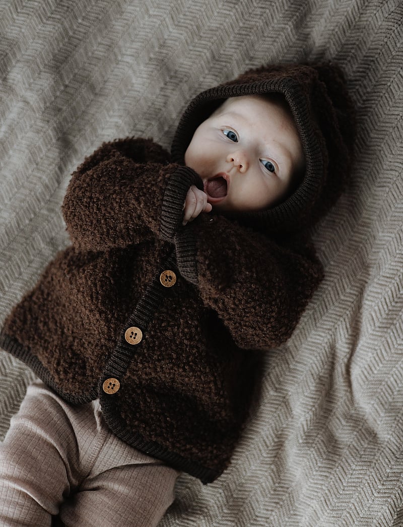 Smallstuff - Cardigan bouclé merino wool w. buttons and hoodie - fliisjakid - brown - 0