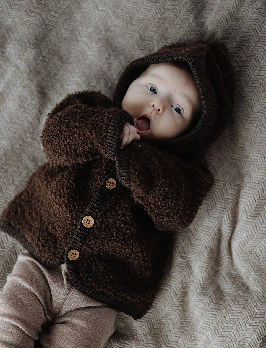 Smallstuff - Cardigan bouclé merino wool w. buttons and hoodie - flisinės striukės - brown - 0