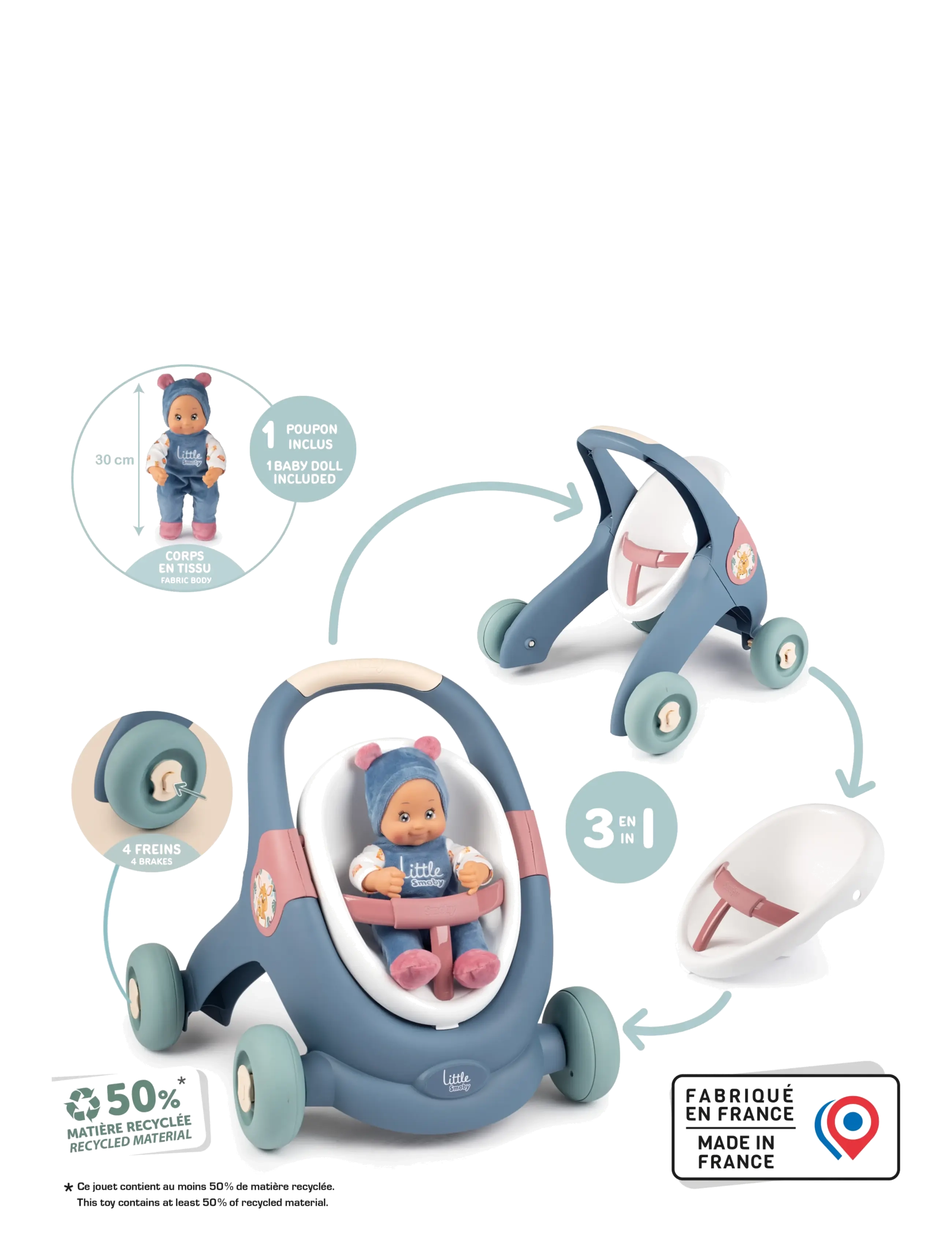 Smoby - Little Smoby 3-i-1 Lära-Gå-Vagn - multicolor - 3