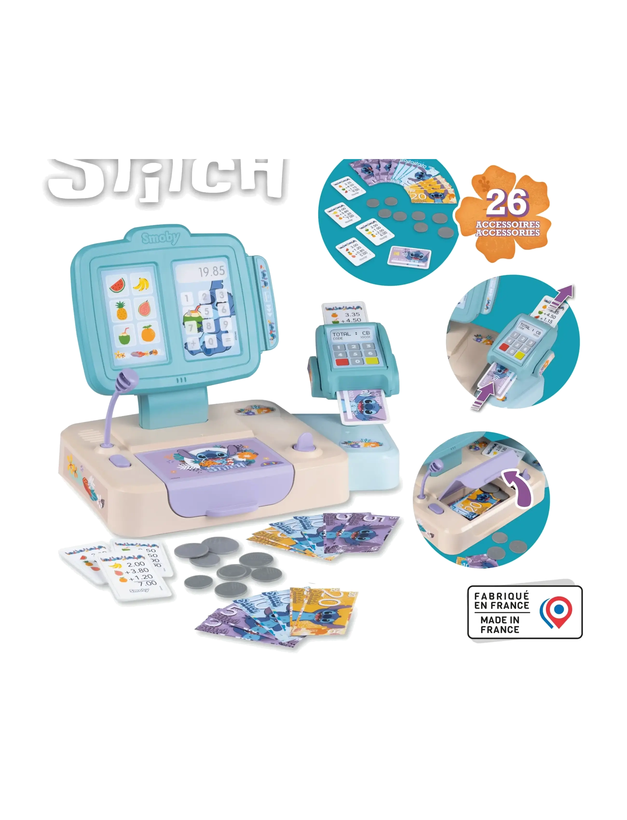 Smoby Stitch Cash Register, One Size, Role Play, Blau - Toy Market Stalls & Accessories, Kinder