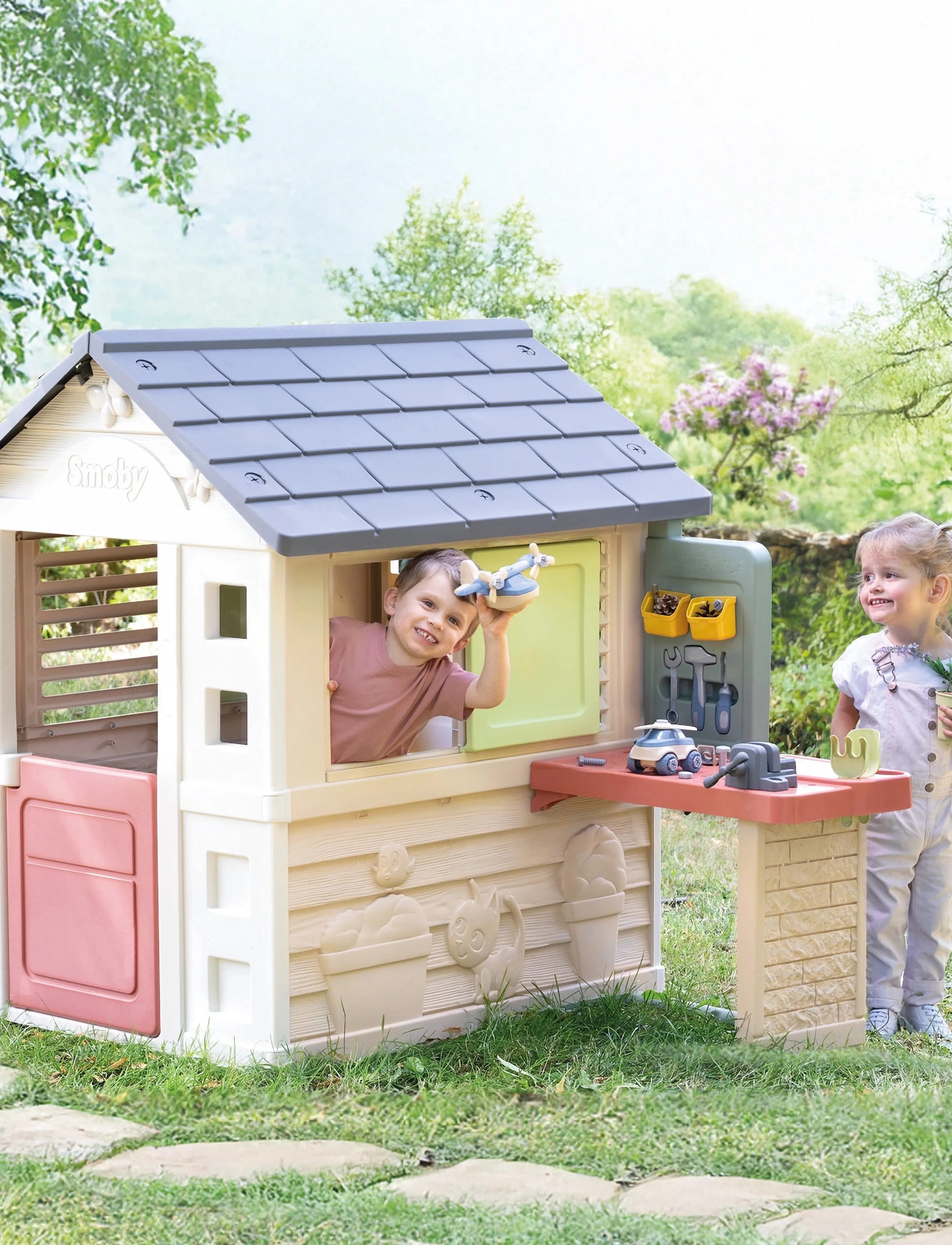 Smoby Life Nature Lekstuga Med Verkstad, Børn, Playhouses, Beige, Str: ONE SIZE