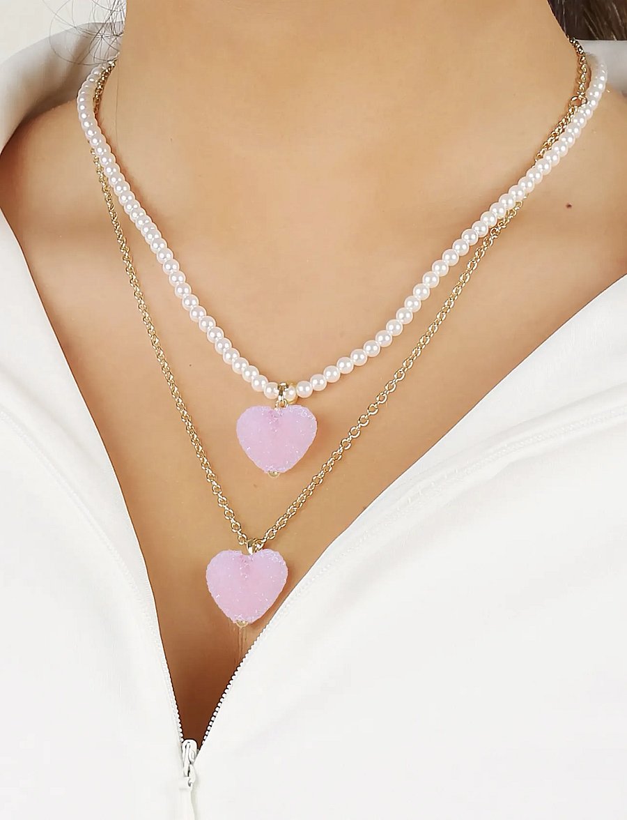 SNÖ of Sweden - Sugar hearts pendant pearl neck 45 g/light pink - 45 cm - pearl necklaces - g/light pink - 0