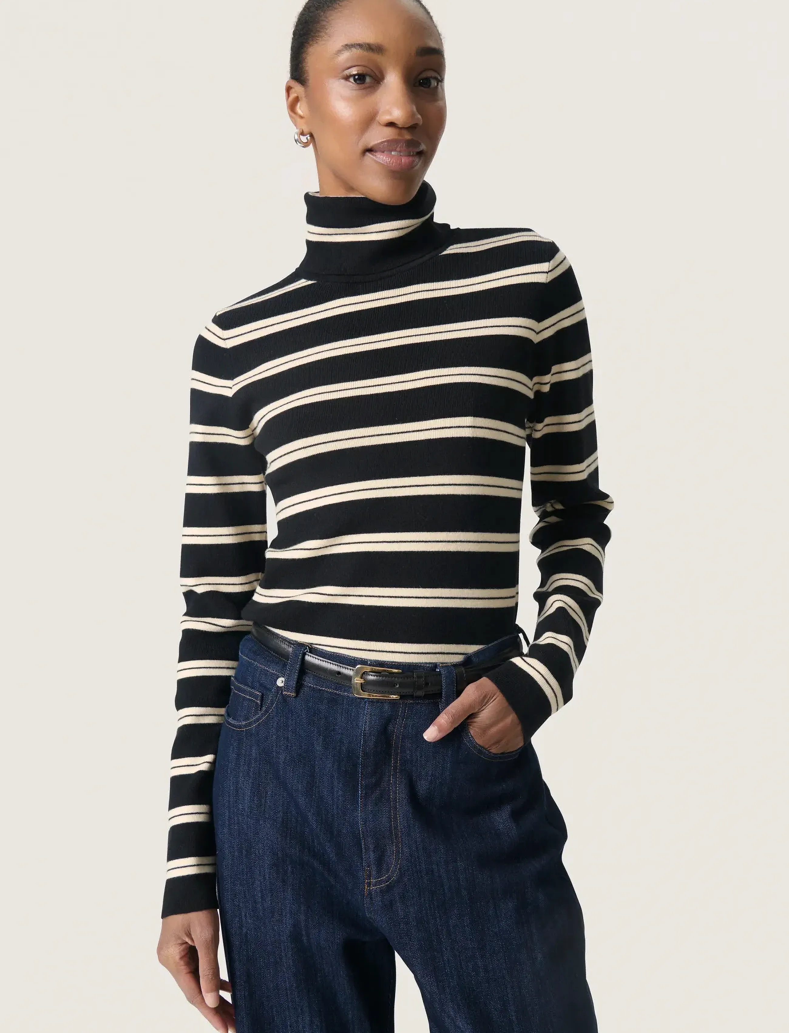 Soaked - SLSpina Striped Rollneck - efterårstøj - black w sandshell stripe - 0
